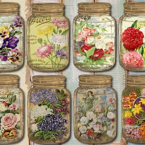 Papiers Mason Jar Junk Journal imprimables - Pack numérique éphémère avec étiquettes florales pour bocaux Mason, coupes difficiles, designs vintage pour l'artisanat