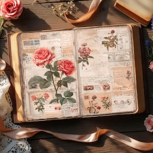 May include: A vintage scrapbook, open to reveal pages adorned with rose illustrations, stamps, and script. The brown-covered book sits on a wooden surface, with a rose and ribbon adding to the romantic theme. The pages are filled with nostalgic imagery.