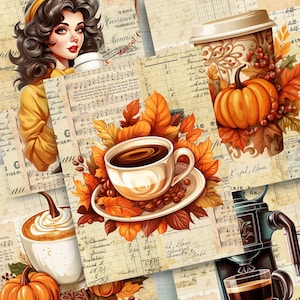 Könnte beinhalten: Eine Collage aus Vintage-Papier mit Herbstblättern, Kaffeetassen und einem Kürbis. Das Papier enthält Noten, handschriftlichen Text und eine Liste von Artikeln mit Preisen. Die Kaffeetassen sind mit Kaffee gefüllt und haben ein braunes und weißes Design. Der Kürbis ist orange und hat einen Stiel.