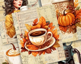 May include: A collage of vintage paper with autumn leaves, coffee cups, and a pumpkin. The paper has music notes, handwritten text, and a list of items with prices. The coffee cups are filled with coffee and have a brown and white design. The pumpkin is orange and has a stem.