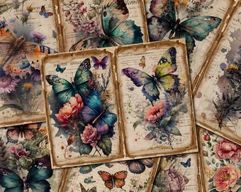 Puede incluir: Papel de álbum de recortes de estilo vintage con mariposas y diseños florales en acuarela. El papel tiene un aspecto desgastado y envejecido con texto escrito a mano y salpicaduras de pintura.
