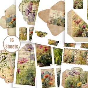 Kit complémentaire II aquarelle fleurs sauvages pour journal indésirable - 16 feuilles imprimables avec enveloppes, pochettes, étiquettes, cartes - FA188