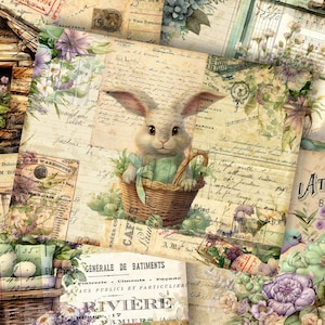 Ostern und Frühling Junk Journal druckbare Papiere, Kaninchen Papiere, Junk Journal Kit, Junk Journal Papier digitale Collage Blatt, sofortiger Download