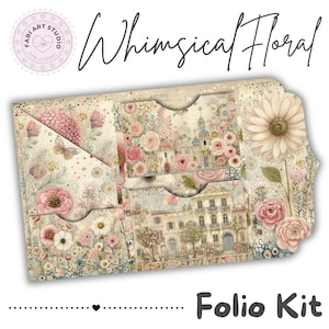 May include: A paper folio kit featuring a cream background with pink and white floral illustrations, a butterfly, and architectural building designs. The kit includes multiple pockets and a large daisy motif, with the text Whimsical Floral Folio Kit.