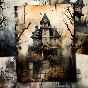 Afdrukbare junk Journal, 5 retro Haunted House Papers voor junk Journal, volledige pagina's Halloween, junk Journal Papers, afdrukbare Digi Kit