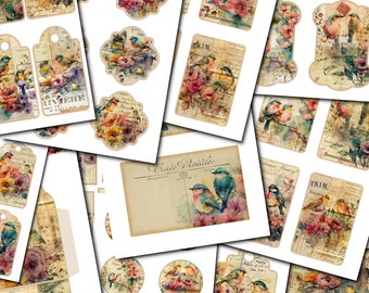 Birds Junk Journal Kit: Vintage Ephemera, Tags, Cards (Digital Download)
