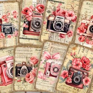 Puede incluir: Un collage de imágenes de estilo vintage con cámaras antiguas y rosas rosas. Las imágenes están impresas en papel texturizado con un aspecto desgastado. El texto en las imágenes incluye notas musicales, palabras francesas y números.