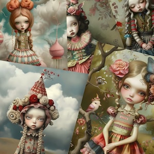 Whimsical Girls Junk Journal pages, Surrealism Style, Junk Journal Paper, Whimsical Digital Papers Girl, Digital Download - Set 24