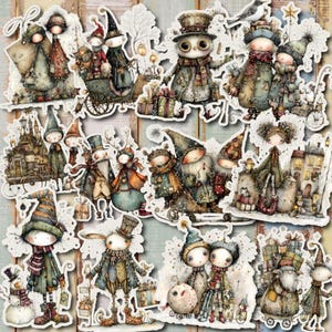 Könnte beinhalten: Eine Sammlung skurriler Aufkleber im Vintage-Stil mit verschiedenen Charakteren in Winterkleidung. Die Aufkleber zeigen Gnome, Eulen und andere Figuren mit Hüten, Schals und Geschenken in einer gedämpften Farbpalette aus Grün-, Braun- und Blautönen.
