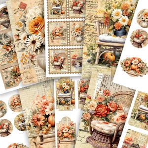 Herfstjunkjournaalkit - vintage herfstscrapbookpapier en Thanksgiving-collageset | Pompoenkaarten, zakjes, enveloppen: direct downloaden