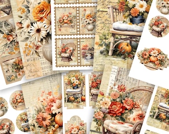 Vintage Autumn Junk Journal Kit – Fall Ephemera, Pumpkin Cards (Digital Download)