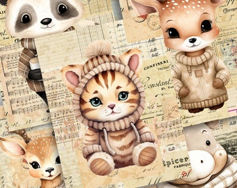 Junk Journal Kit, Adorable Baby Animals in Sweaters - 5 Collage Papers Junk Journal , Pages, Scrapbook, Insert, Vintage Ephemera, Download
