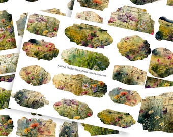 Kit imprimible de etiquetas de flores silvestres en acuarela: 5 hojas de etiquetas florales vintage para diarios basura - FA192