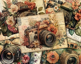 May include: Vintage collage featuring antique cameras and floral illustrations. The cameras are in various styles and colors, with some featuring intricate details. The floral illustrations are in shades of pink, red, and green, adding a touch of whimsy to the design.