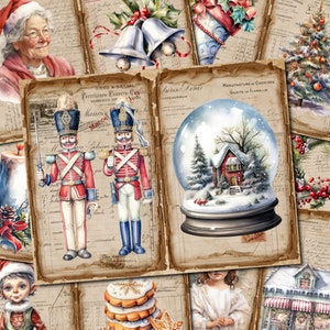 Può includere: Un collage di immagini natalizie vintage che presenta una sfera di neve con una piccola casa, una coppia di soldatini di giocattolo, un albero di Natale e una donna con un vestito bianco. Le immagini sono stampate su carta invecchiata con testo scritto a mano.