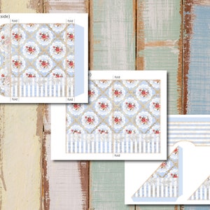 May include: Printable template for a paper envelope with a blue and white floral pattern. The template includes instructions for folding the envelope.