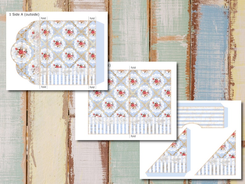 May include: Printable template for a paper envelope with a blue and white floral pattern. The template includes instructions for folding the envelope.