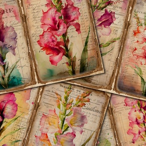 Kit imprimível de diário de lixo de gladíolo – Páginas de diário de flores vintage, kit digital de diário de lixo, página floral para scrapbooking e artesanato