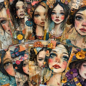 Diario spazzatura stampabile Whimsical Girls, kit diario spazzatura, carta per album, foglio collage digitale, primavera, download immediato, stampabile