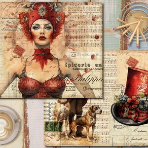 K&ouml;nnte beinhalten: Eine Collage aus Vintage-Bildern mit einer Frau mit roten Haaren und einem roten Hut, einem roten Hut mit Blumen und einem Hund. Der Hintergrund enth&auml;lt Notenbl&auml;tter, alte Briefe und eine Briefmarke.