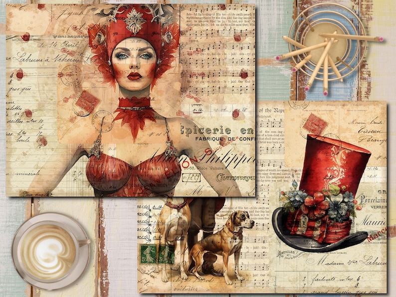 K&ouml;nnte beinhalten: Eine Collage aus Vintage-Bildern mit einer Frau mit roten Haaren und einem roten Hut, einem roten Hut mit Blumen und einem Hund. Der Hintergrund enth&auml;lt Notenbl&auml;tter, alte Briefe und eine Briefmarke.