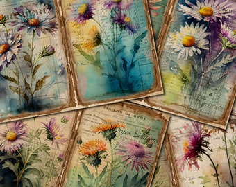 Könnte beinhalten: Eine Collage aus sechs Aquarellbildern im Vintage-Stil mit verschiedenen Blumenarten. Die Blumen sind in Violett-, Blau-, Gelb- und Weißtönen gemalt. Der Hintergrund jedes Bildes ist ein verblasstes, gealtertes Papier mit handschriftlichem Text.