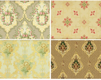 Può includere: Quattro diversi motivi di carta da parati vintage. Il motivo in alto a sinistra è un motivo floreale verde chiaro e oro. Il motivo in alto a destra è un motivo geometrico giallo chiaro e oro. Il motivo in basso a sinistra è un motivo floreale verde chiaro e oro. Il motivo in basso a destra è un motivo geometrico marrone e oro.