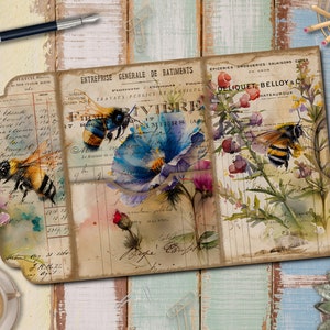 Bee Folding Folio Junk Journal, etichette, tasche, etichette, biglietti, Bee Ephemera, cartella caricata, cartella pieghevole floreale per Junk Journal - FA170