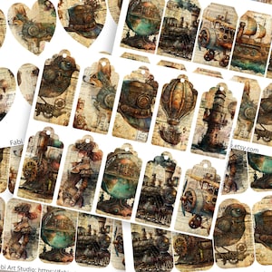Könnte beinhalten: Eine Sammlung von Papieranhängern im Vintage-Stil mit Illustrationen zum Thema Steampunk. Die Anhänger zeigen Bilder von Zügen, Globen, Heißluftballons und Tieren, alles in einer Sepia-Farbpalette. Einige Anhänger haben eine Herzform. Der Etsy-Shop-Name ist sichtbar.