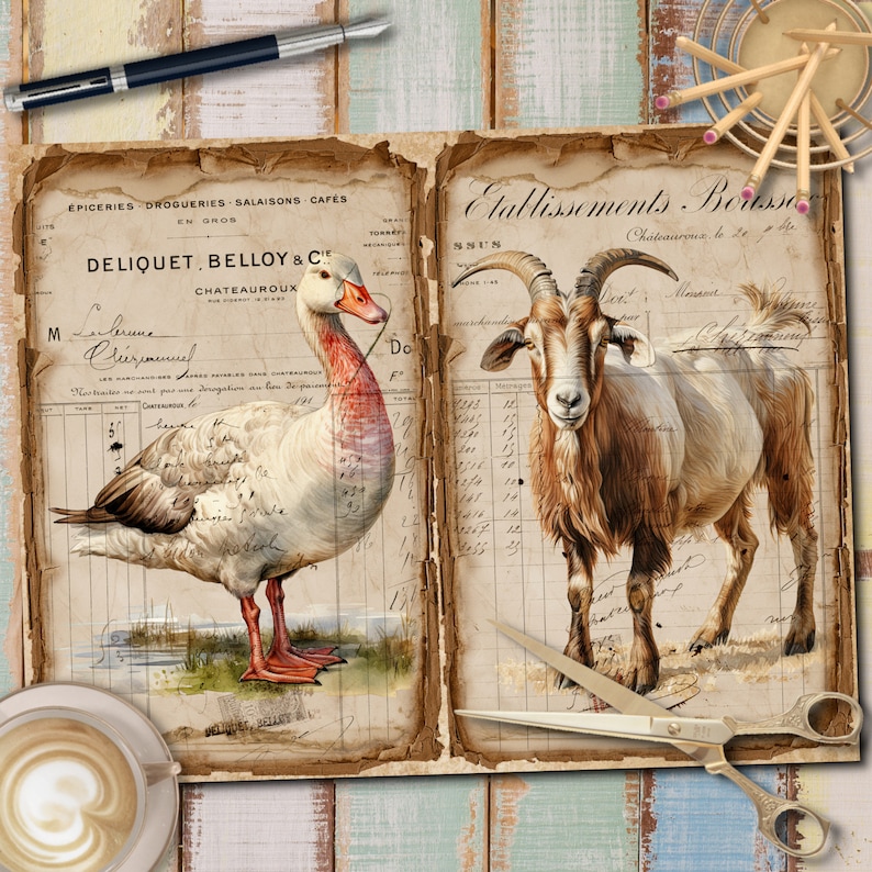 May include: Two vintage-style illustrations on aged paper. The left side features a white goose with a pink breast, standing on a grassy area. The right side shows a brown and white goat standing on a similar grassy area. Both illustrations are surrounded by handwritten text and numbers.