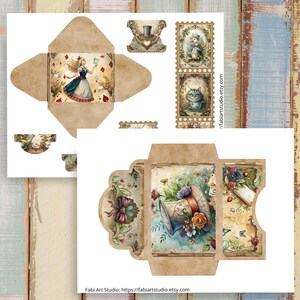 May include: A collection of vintage-style paper ephemera featuring illustrations from Alice in Wonderland. Includes an envelope, stamps, and a decorative card with floral and whimsical designs. The color palette is soft with a distressed, aged appearance.