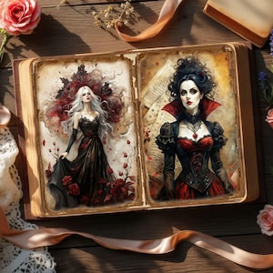 Op de afbeelding: Een open boek toont twee illustraties van vrouwen in gotische kleding. Eén vrouw heeft lang wit haar en een zwarte jurk met rode rozen. De andere draagt een rode en zwarte jurk. Het boek ligt op een houten oppervlak met rozen en een lint.