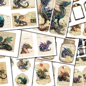 Dragon Junk Journal Ephemera Kit, Junk Journal ADDON Kit, Dragon Digi Kit, Karte, Umschläge, Kreise, Ephemera Etiketten, Journal Tags