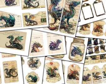 Dragon Junk Journal Ephemera Kit, Junk Journal ADDON Kit, Dragon Digi Kit,  Card, Envelopes, Circles, Ephemera Labels, Journal Tags