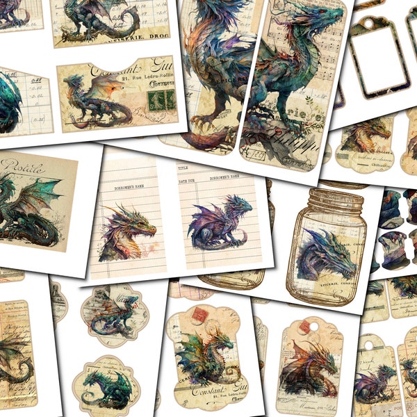 Dragon Junk Journal Ephemera Kit, Junk Journal ADDON Kit, Dragon Digi Kit,  Card, Envelopes, Circles, Ephemera Labels, Journal Tags