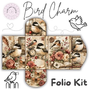 Puede incluir: Un kit de folio imprimible con temática de pájaros, que presenta ilustraciones de carboneros, rosas vintage, mariposas y relojes antiguos sobre un fondo de pergamino. El diseño incluye el texto Bird Charm y Folio Kit.