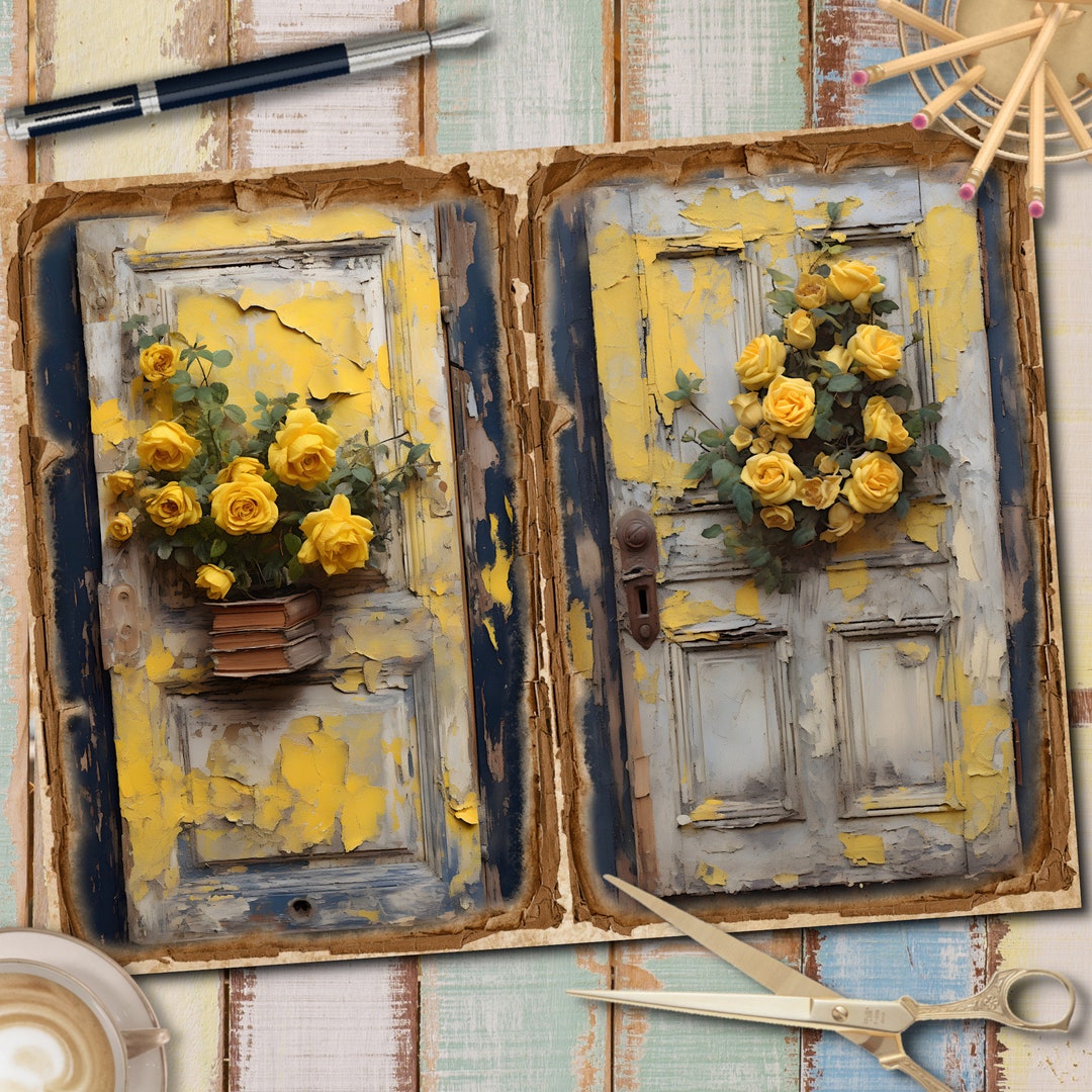 Junk Journal Printable, Wooden Doors With Yellow Roses, Journal Pages ...