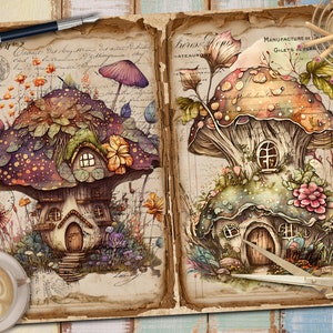 May include: Two whimsical mushroom houses with windows and doors, surrounded by flowers and greenery, on a vintage background with handwritten text.