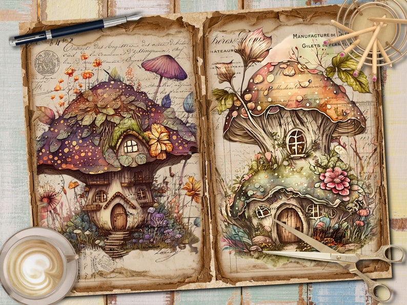 May include: Two whimsical mushroom houses with windows and doors, surrounded by flowers and greenery, on a vintage background with handwritten text.