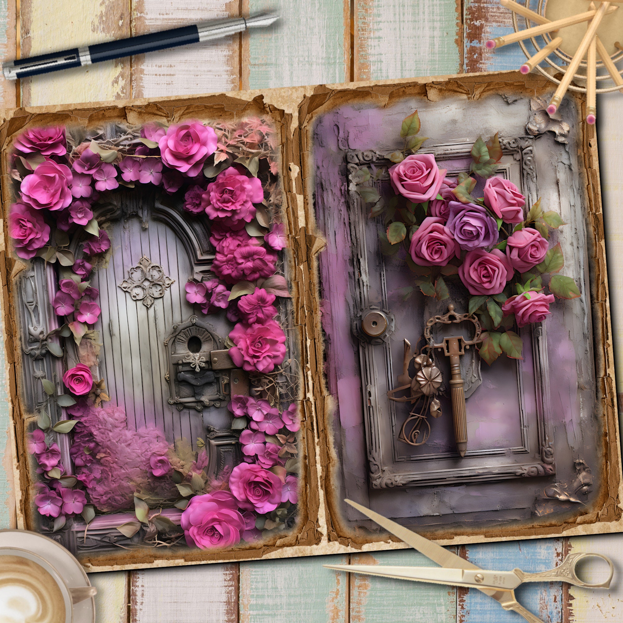 DIGITAL Wooden Doors With Magenta Roses Junk Journal Kit – Printable ...