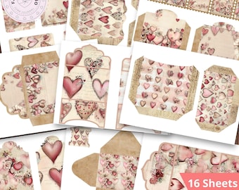 Vintage Valentine Pink Hearts Ephemera Junk Journal Kit 2: Printable Pockets, Tags, Envelopes - FA395