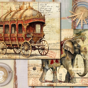 K&ouml;nnte beinhalten: Eine Vintage-Collage mit einer rot-goldenen Kutsche, einem mit Juwelen geschm&uuml;ckten Elefanten und verschiedenen antiken Papieren und Briefmarken. Das Bild vermittelt ein Gef&uuml;hl von Geschichte und Gr&ouml;&szlig;e.
