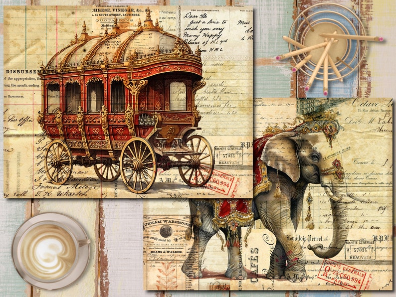 K&ouml;nnte beinhalten: Eine Vintage-Collage mit einer rot-goldenen Kutsche, einem mit Juwelen geschm&uuml;ckten Elefanten und verschiedenen antiken Papieren und Briefmarken. Das Bild vermittelt ein Gef&uuml;hl von Geschichte und Gr&ouml;&szlig;e.
