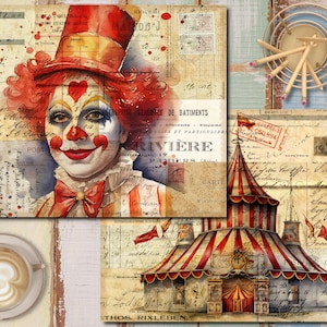 K&ouml;nnte beinhalten: Eine Collage im Vintage-Stil mit einem Clown mit roten Haaren und einem rot-wei&szlig; gestreiften Hut, einem rot-wei&szlig; gestreiften Zirkuszelt und verschiedenen alten Papierdokumenten mit handschriftlichem Text.