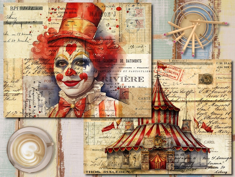 K&ouml;nnte beinhalten: Eine Collage im Vintage-Stil mit einem Clown mit roten Haaren und einem rot-wei&szlig; gestreiften Hut, einem rot-wei&szlig; gestreiften Zirkuszelt und verschiedenen alten Papierdokumenten mit handschriftlichem Text.