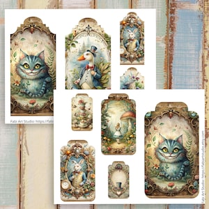 May include: A collection of whimsical, vintage-style tags featuring illustrations from Alice in Wonderland. The tags showcase characters like the Cheshire Cat, White Rabbit, and Alice, with floral and ornate frame designs. The color palette includes soft blues, greens, and browns.