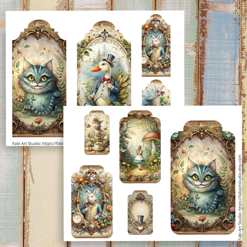 May include: A collection of whimsical, vintage-style tags featuring illustrations from Alice in Wonderland. The tags showcase characters like the Cheshire Cat, White Rabbit, and Alice, with floral and ornate frame designs. The color palette includes soft blues, greens, and browns.