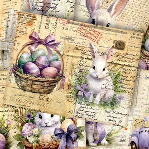 May include: A vintage-inspired collage featuring a basket of colorful Easter eggs, a white rabbit, and handwritten notes with floral accents. The collage includes text such as "Many Happy Returns of the Year" and "Miss Caroma".