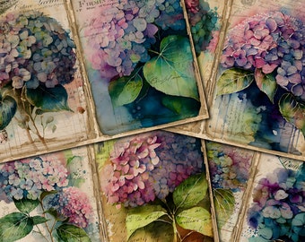Op de afbeelding: Een collage van zes vintage-achtige afbeeldingen met aquarelverf van hortensia bloemen in tinten van blauw, paars en roze. De afbeeldingen zijn op elkaar gelegd, waardoor een textuur en een artistiek effect ontstaat.