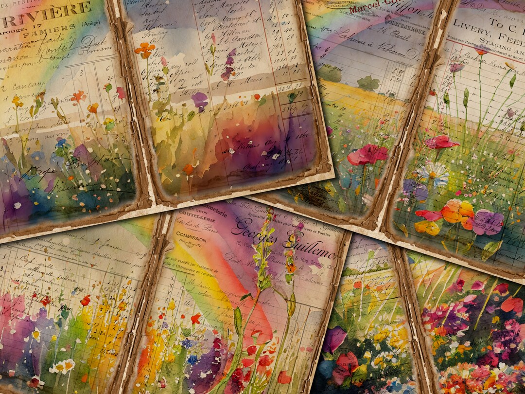 Field of Flowers Junk Journal Kit: Rainbow Vintage Pages (digital ...